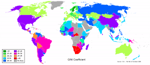  Differences in national income equality around the world as measured by the national Gini coefficient. The Gini coefficient is a number between 0 and 1, where 0 corresponds with perfect equality (where everyone has the same income) and 1 corresponds with perfect inequality (where one person has all the income, and everyone else has zero income). Image By Hysohan (Data from Gini Coefficient World CIA Report 2009) [Public domain], via Wikimedia Commons