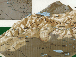 Topographical map of Kurdistan - Iraq. Halabja is on the far right, in the mountainous region. Note location in area to trap the chemicals used. Public Domain via Wikimedia.
