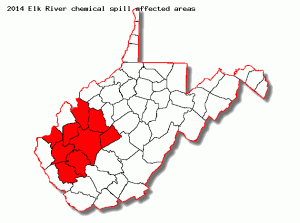 Map of the counties affected by the Elk River chemical spill. By Justin.A.Wilcox (Own work) [CC-BY-SA-3.0 (http://creativecommons.org/licenses/by-sa/3.0)], via Wikimedia Commons